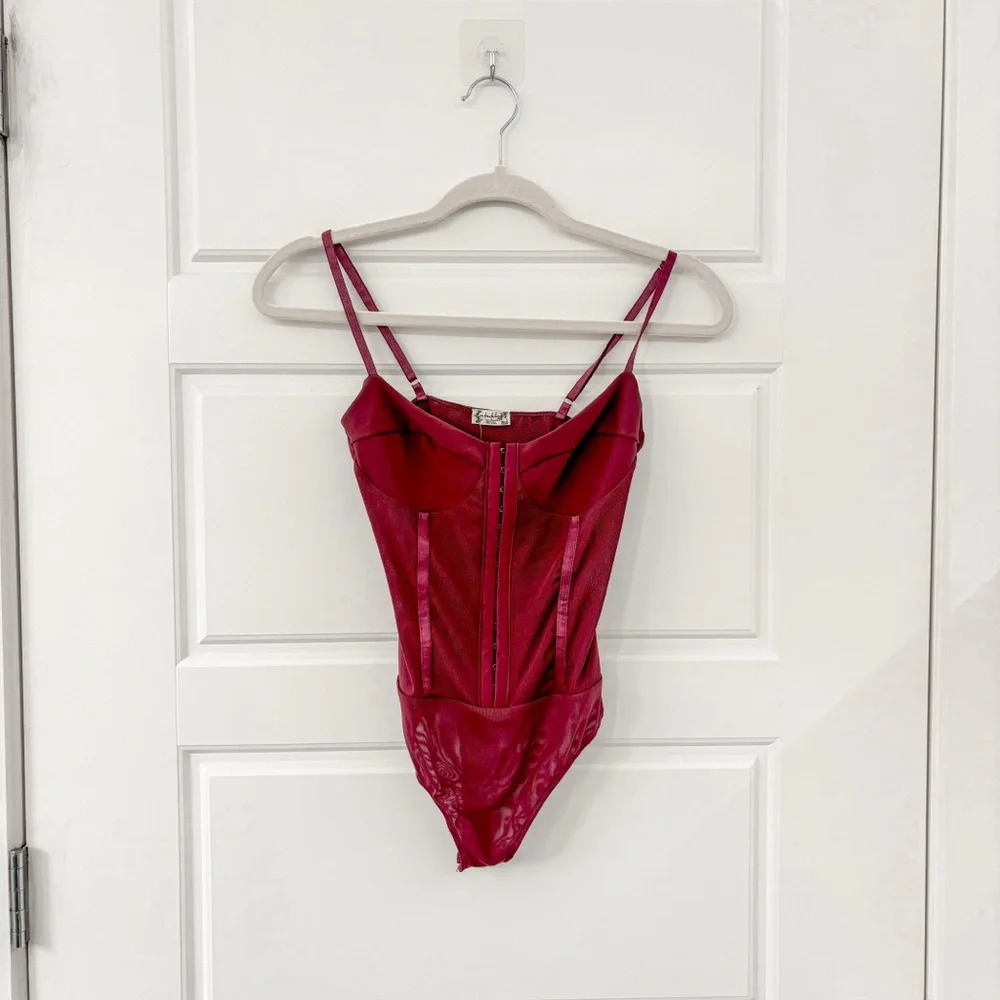 NEW Free People Intimately Night Rhythm Corset Bodysuit Washed Maroon